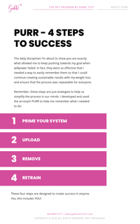 Sheet with 'PURR - 4 Steps to Success' text and steps on a white background