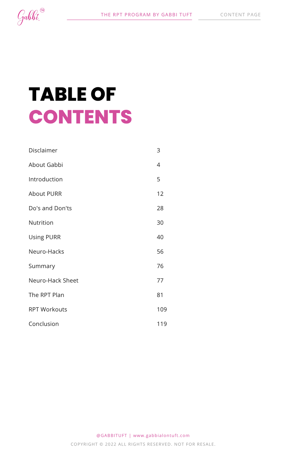 Table of contents for a book or program by Gabbie Hutt on a white background