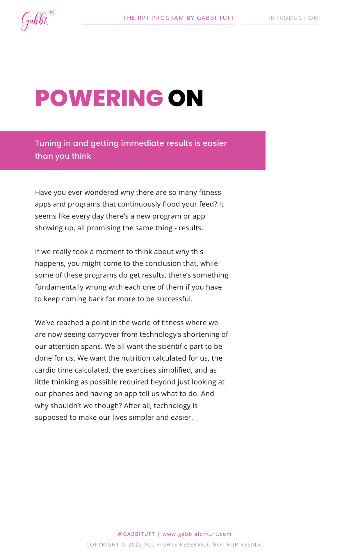 White page with pink and black text about a fitness app program by Gabby Tutt.