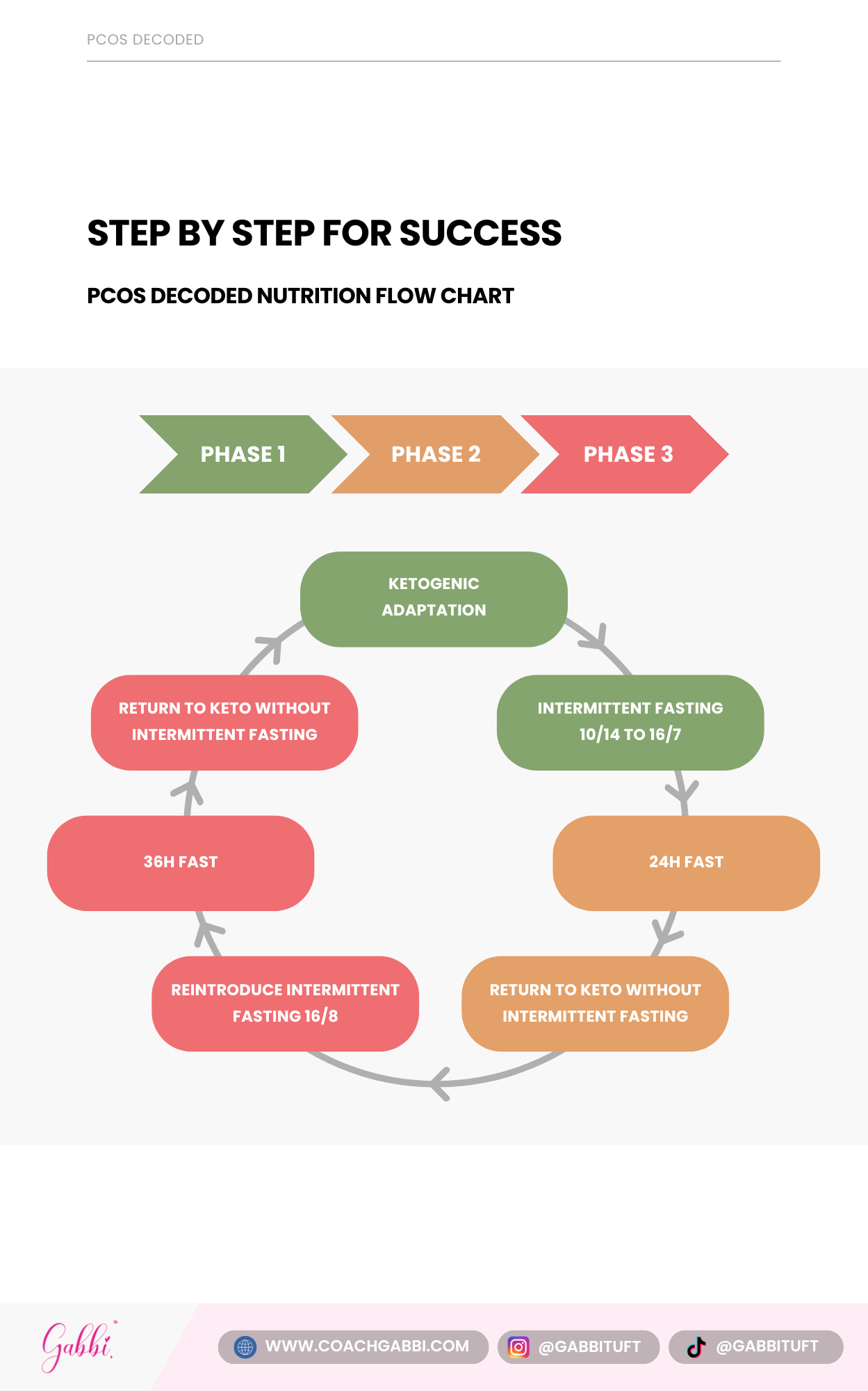 Nutrition flow chart titled 'Step by Step for Success' with phases and transitions on a white background.
