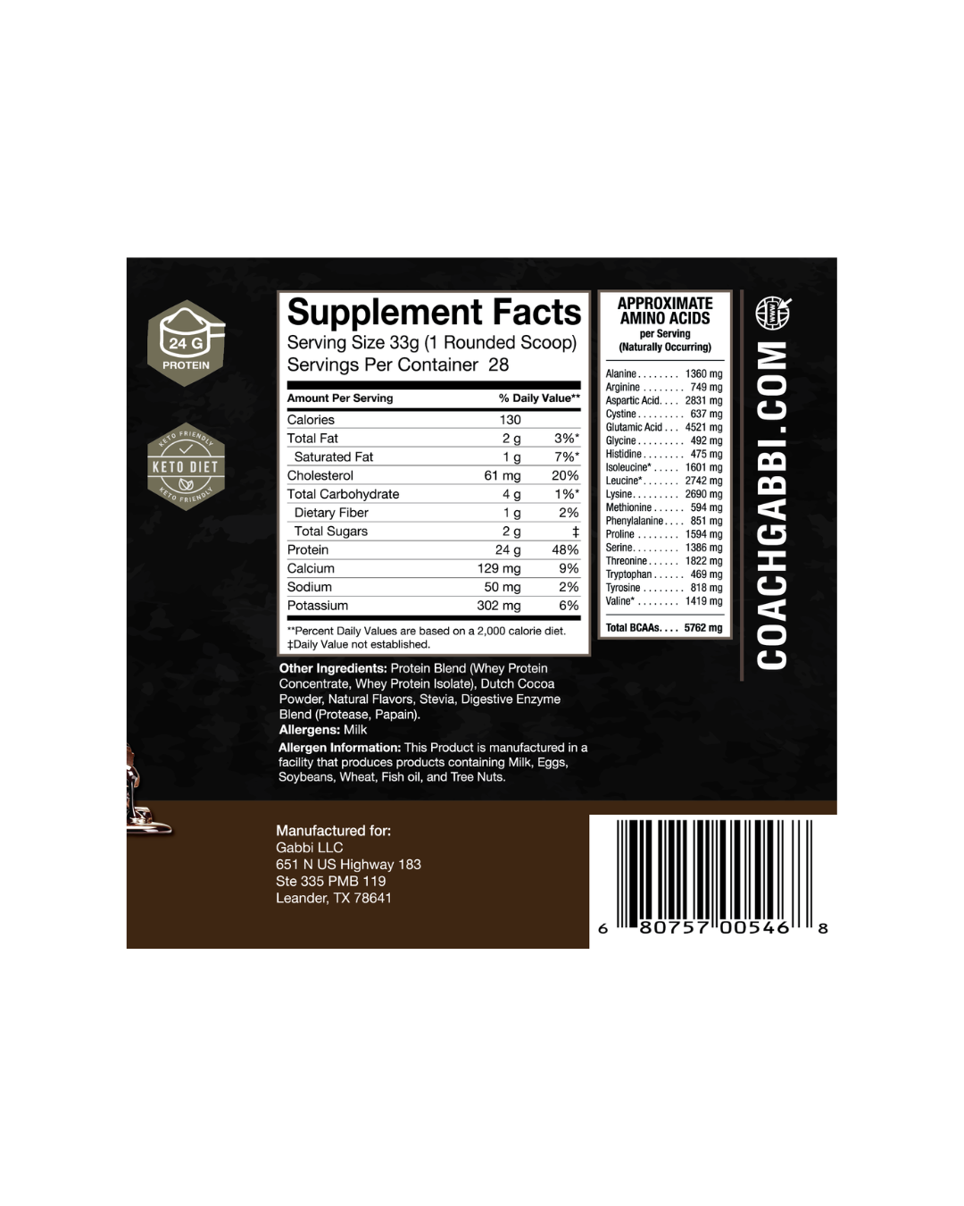 Supplement label with 'Coach Gabbi' branding on a white background