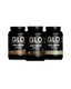Three bottles of GLO whey protein on a white background