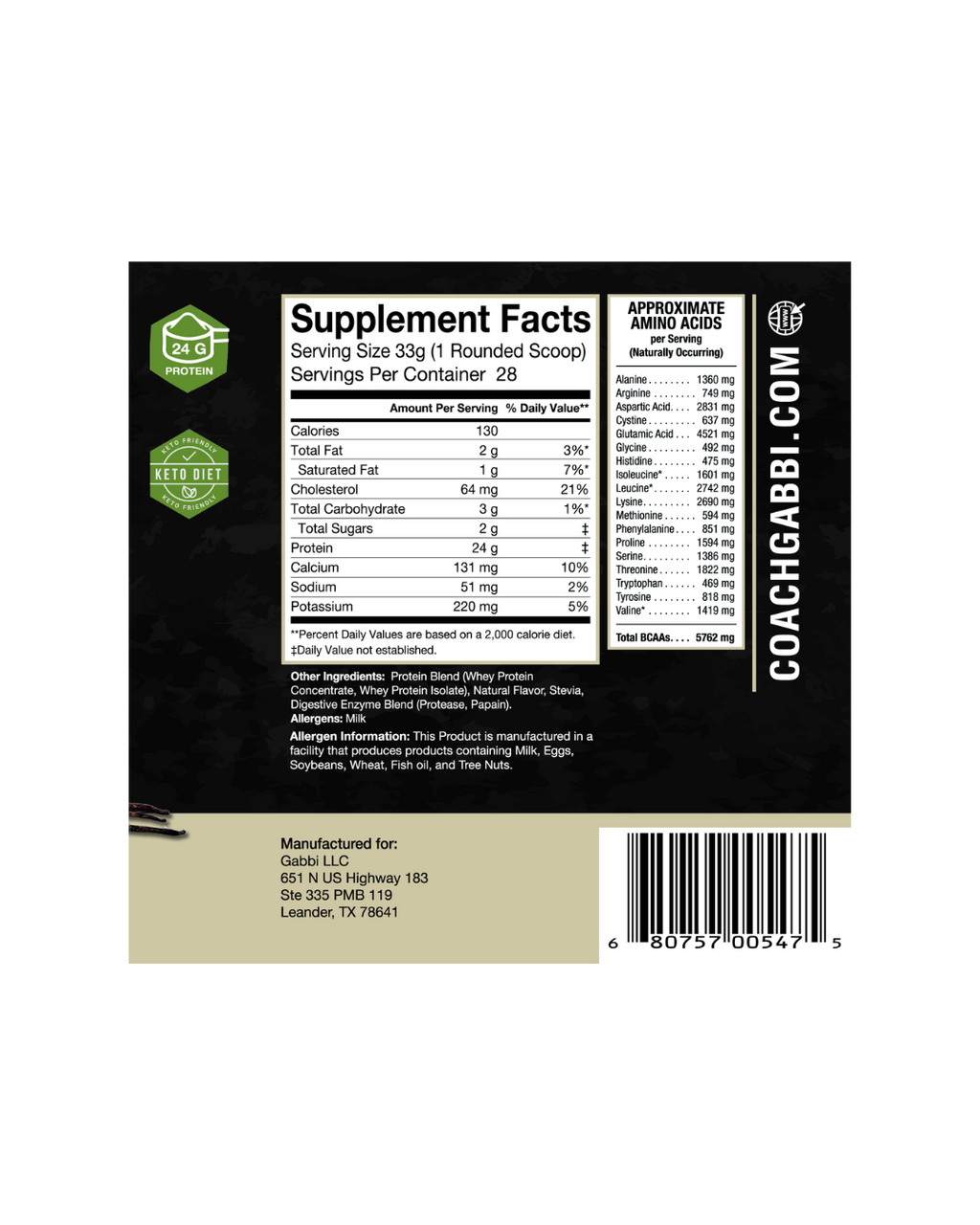 Supplement label with 'Coach Gabbi' branding on a white background