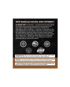 GLO Natural Whey supplement label with text and logos on a black background