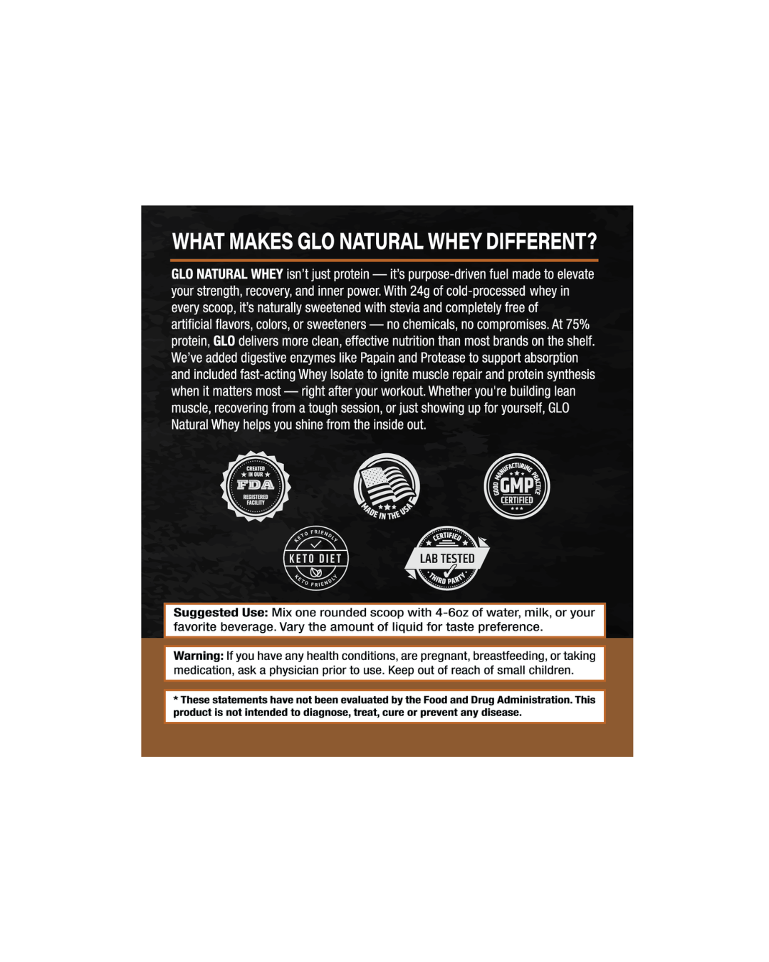 GLO Natural Whey supplement label with text and logos on a black background