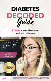 Book cover of 'Diabetes Decoded Guide' by Gabbi Tuft with a woman's face and text about blood sugar and insulin resistance.
