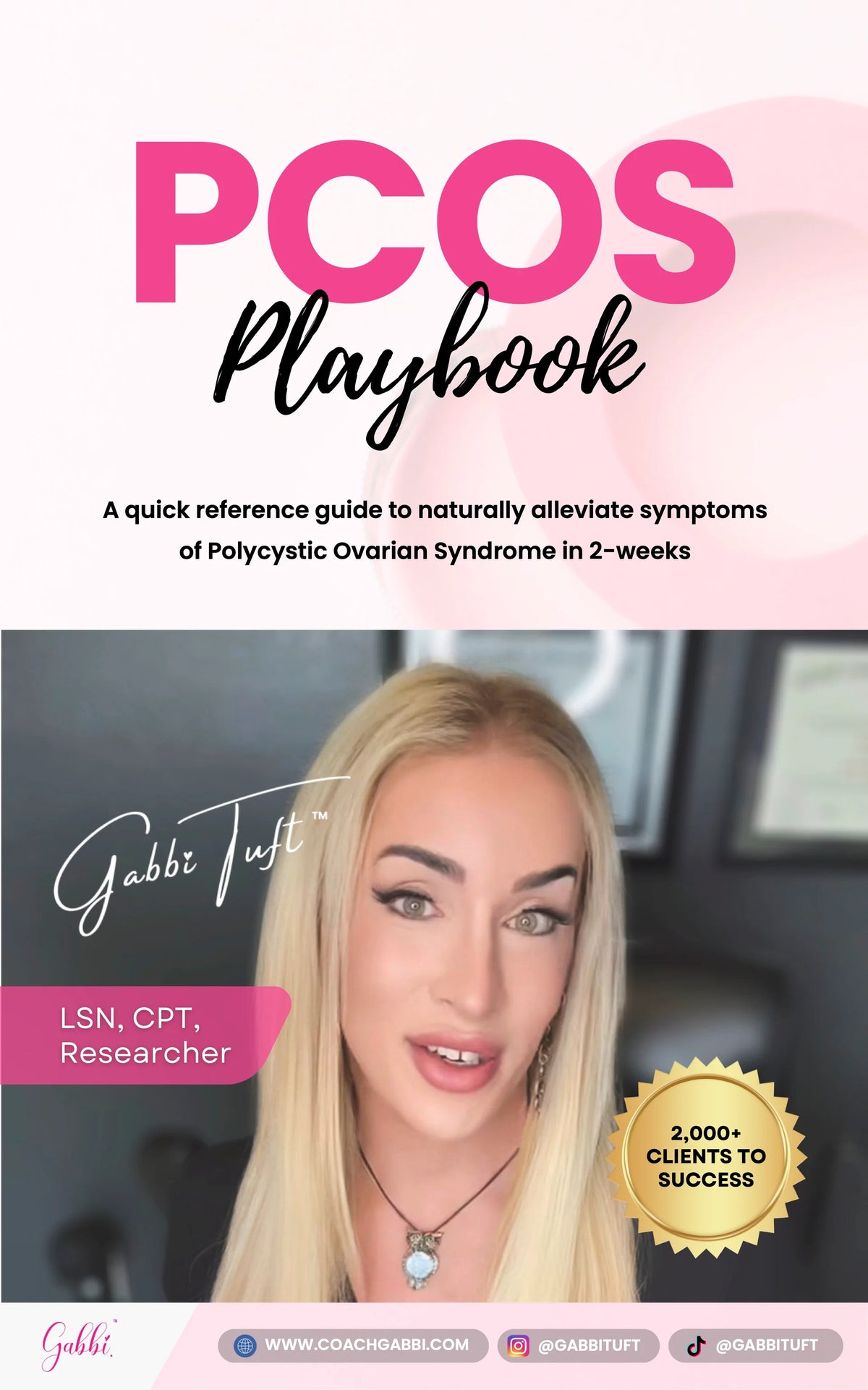 Book cover of 'PCOS Playbook' with a woman's face and branding elements.