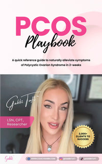 Book cover of 'PCOS Playbook' with a woman's face and branding elements.