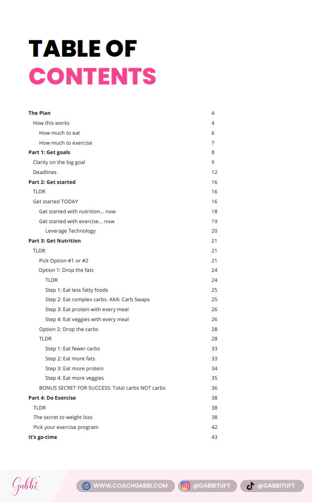 Table of contents for a fitness guide on a pink background