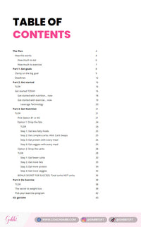 Table of contents for a fitness guide on a pink background