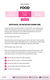 Page from a fitness or health guide with text about diets and exercise.