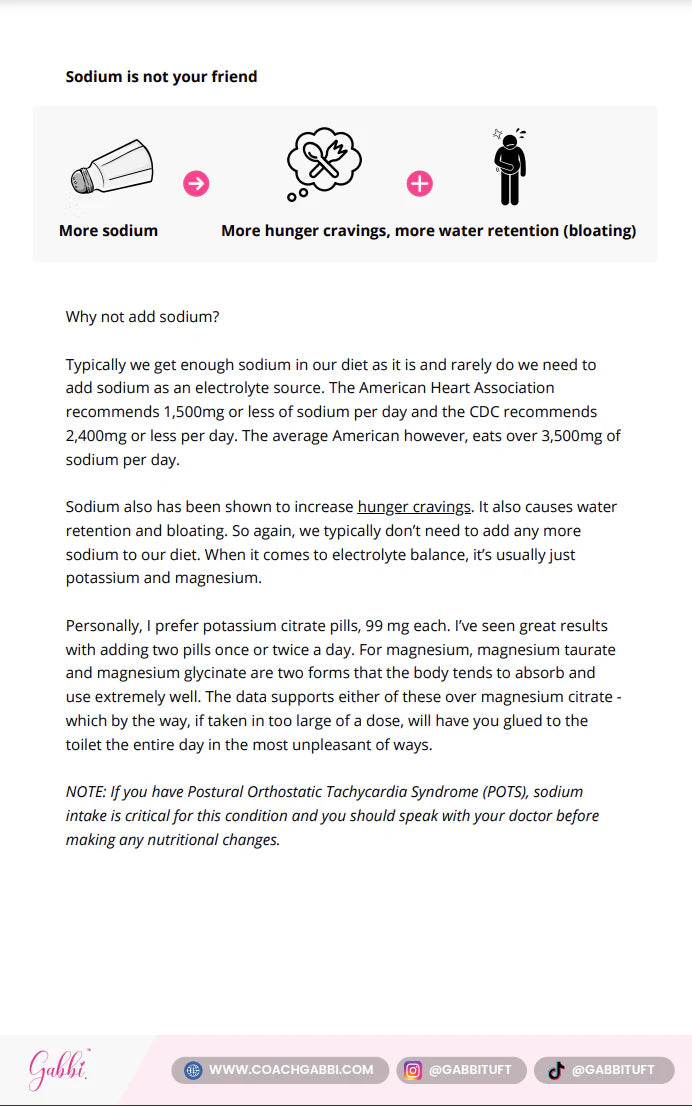 Educational flyer about sodium intake and its effects on hunger cravings and water retention.