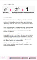 Educational flyer about sodium intake and its effects on hunger cravings and water retention.