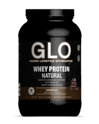 GLO whey protein container on a white background