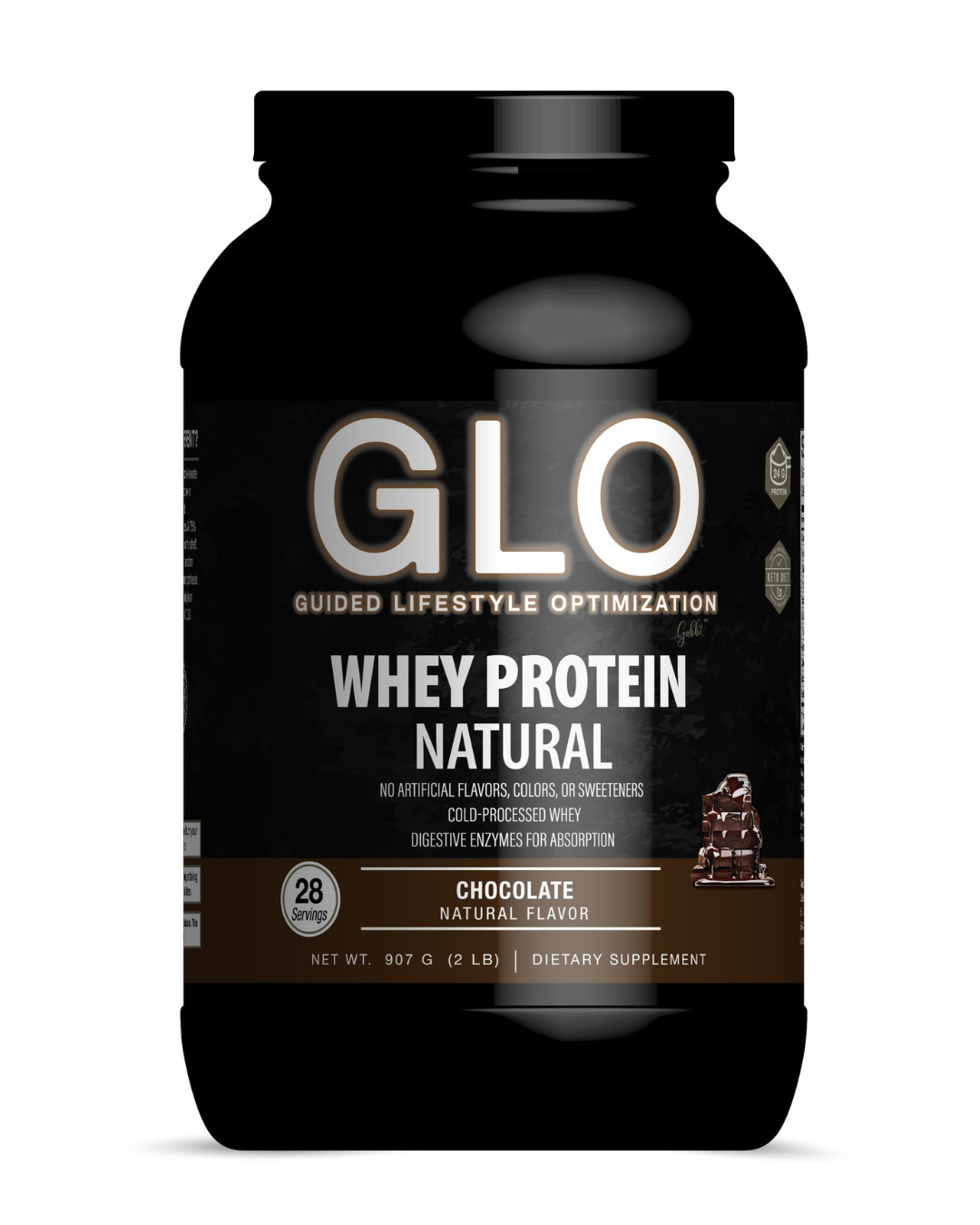GLO whey protein container on a white background
