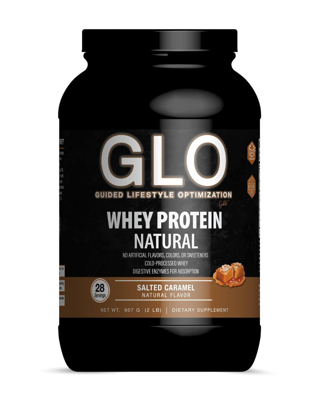 GLO whey protein supplement container on a white background