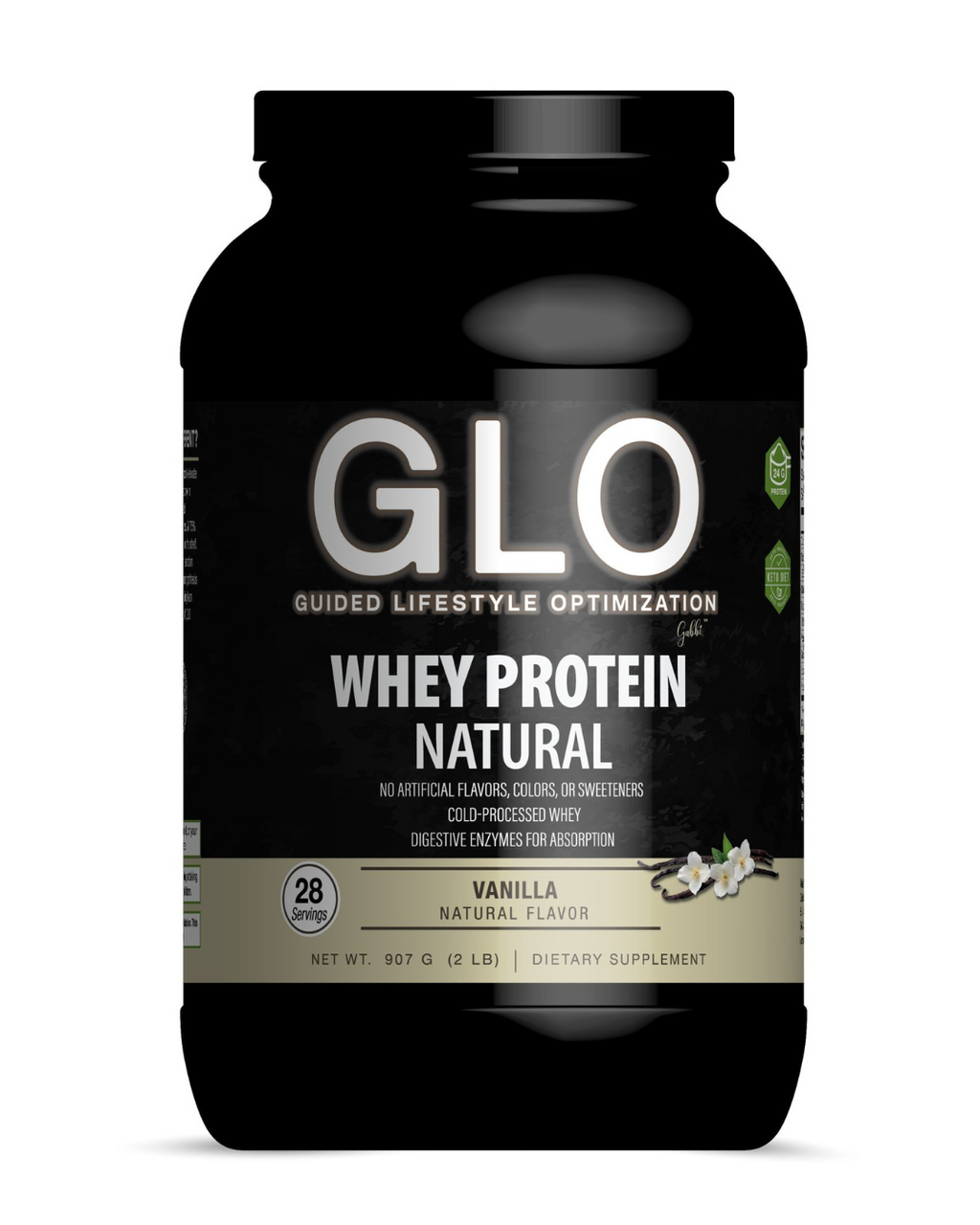 GLO whey protein powder container on a white background