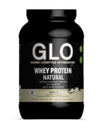 GLO whey protein powder container on a white background