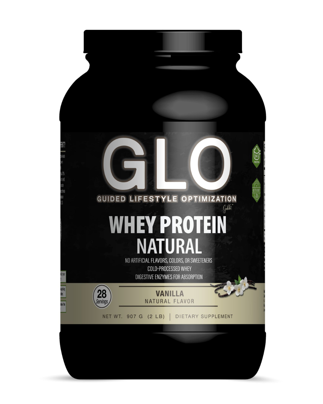 GLO whey protein powder container on a white background