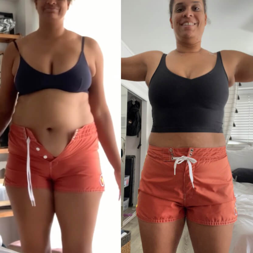 Before and after of a black woman taking a fitness program